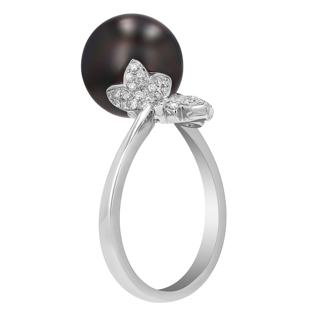 TARA Pearls Tahitian South Sea Cultured Pearl & Diamond Leaf Bypass Ring in White Gold