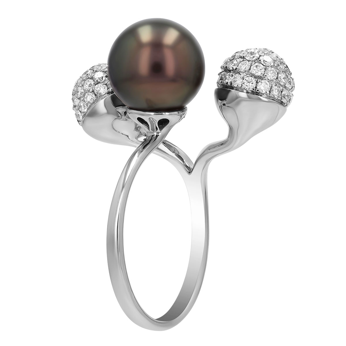 TARA Pearls Tahitian South Sea Cultured Pearl & Diamond Pavé Bypass Ring in White Gold