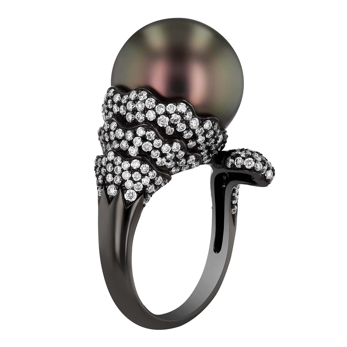 TARA Pearls Tahitian South Sea Cultured Pearl & Diamond Bypass Ring in Black Rhodium