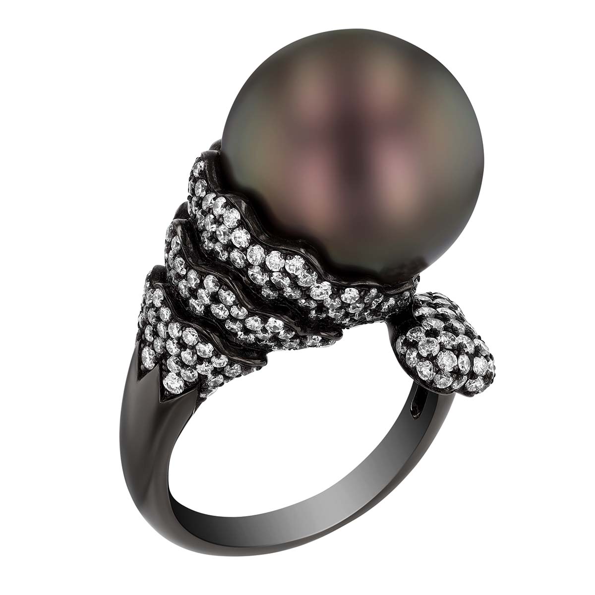 TARA Pearls Tahitian South Sea Cultured Pearl & Diamond Bypass Ring in Black Rhodium