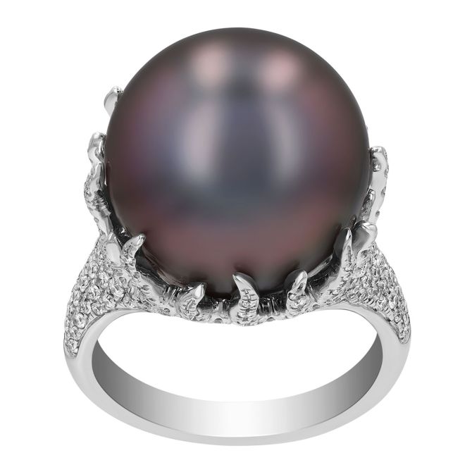 TARA Pearls Tahitian South Sea Cultured Pearl & Diamond Basket Ring in White Gold, 15 mm