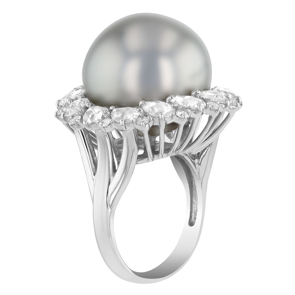 TARA Pearls Grey Tahitian South Sea Cultured Pearl & Multi-Shape Diamond Halo Ring in White Gold