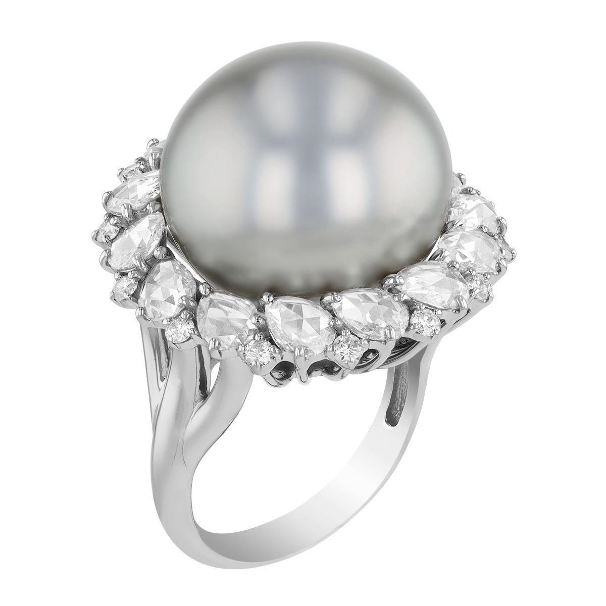 TARA Pearls Grey Tahitian South Sea Cultured Pearl & Multi-Shape Diamond Halo Ring in White Gold