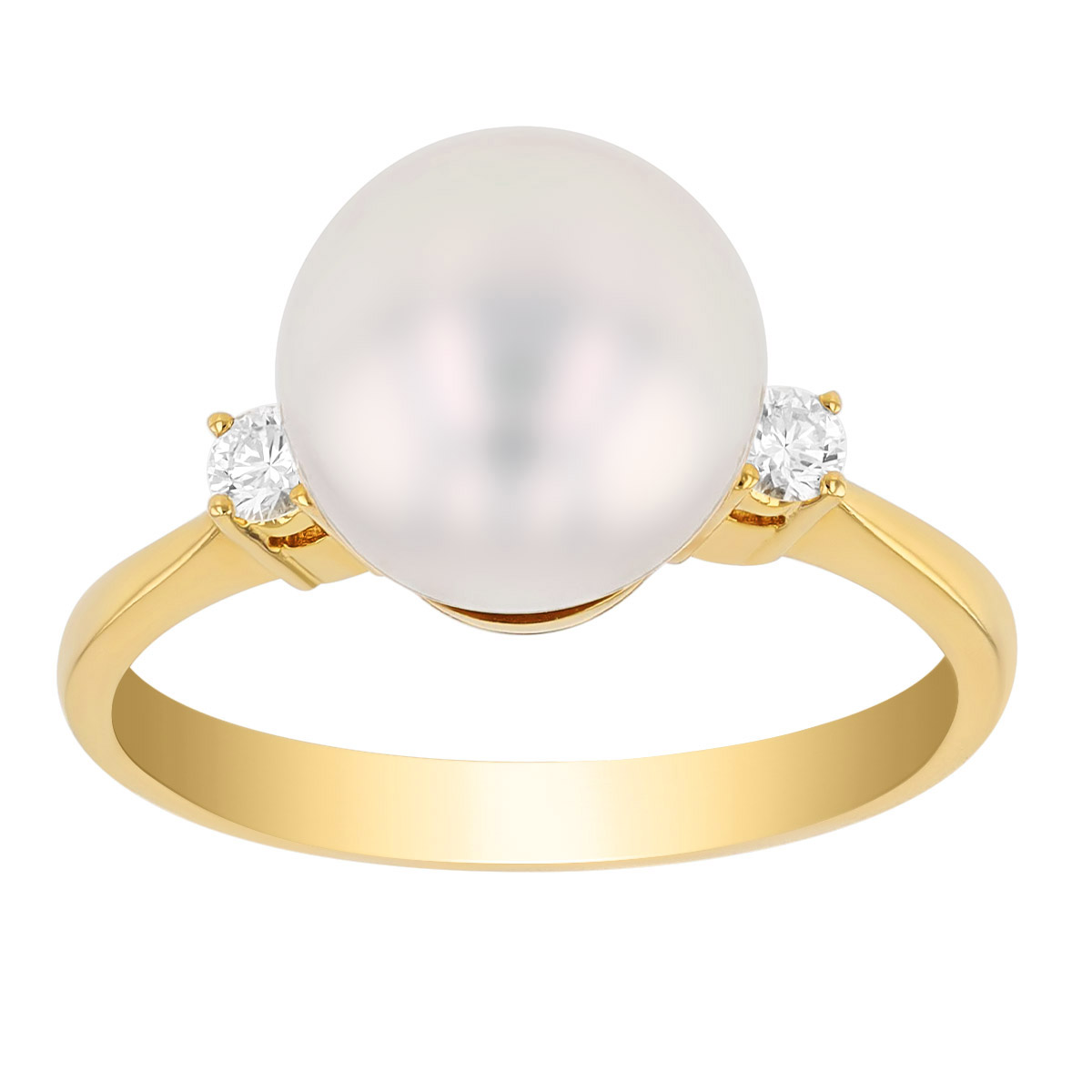 TARA Pearls White Cultured Pearl & Diamond Side Stone Ring in Yellow Gold, 9.5-10 mm