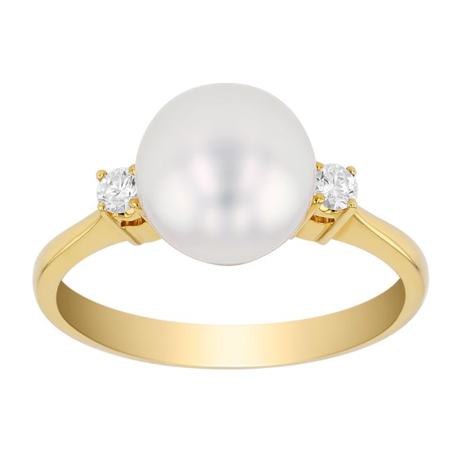 TARA Pearls White Cultured Pearl & Diamond Side Stone Ring in Yellow Gold, 8.5-9 mm