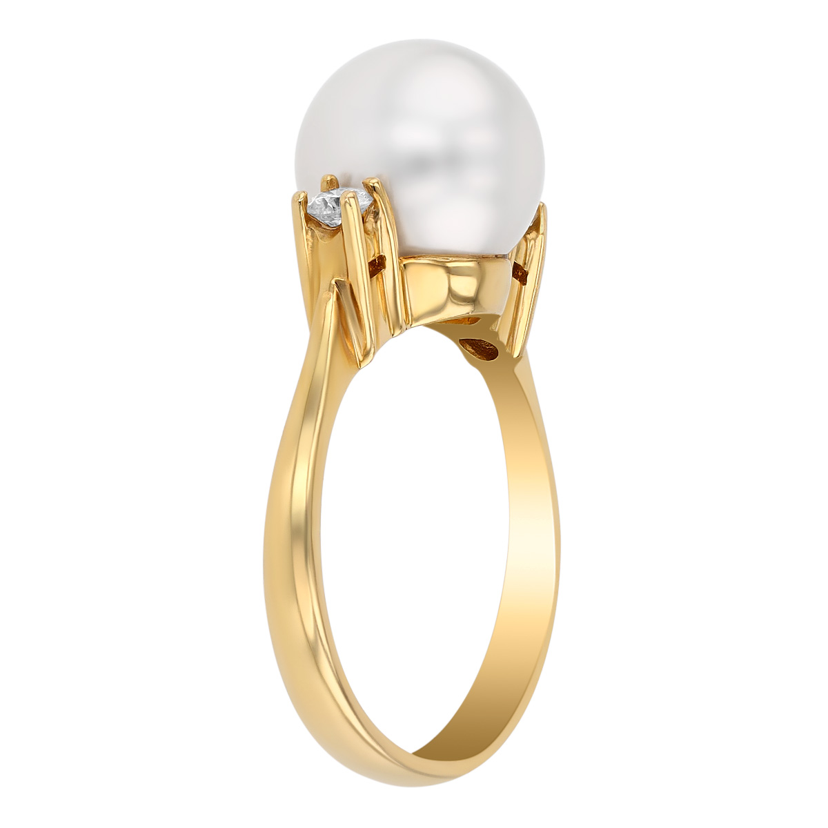 TARA Pearls White Cultured Pearl & Diamond Side Stone Ring in Yellow Gold, 9-10 mm