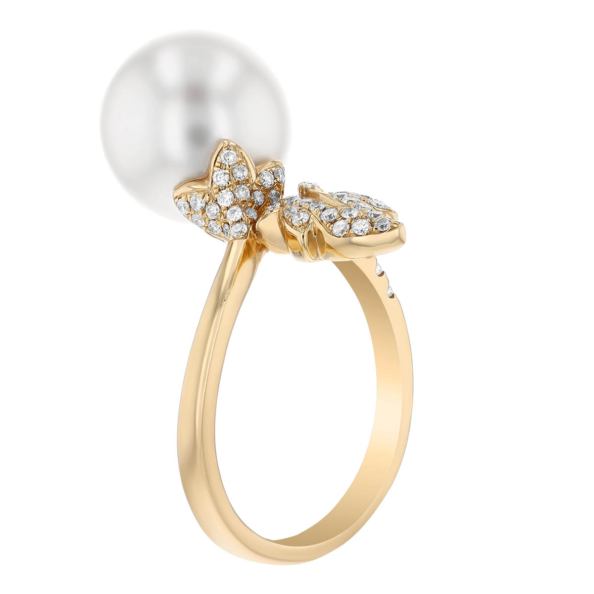 TARA Pearls White South Sea Cultured Pearl & Diamond Pave Leaf Bypass Ring in Yellow Gold