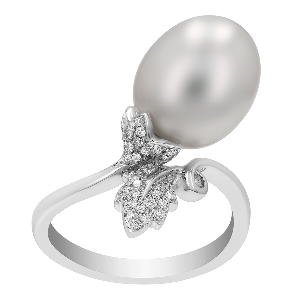 TARA Pearls White South Sea Cultured Pearl & Diamond Leaf Bypass Ring in White Gold