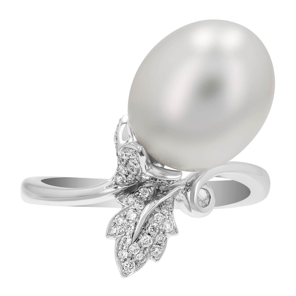 TARA Pearls White South Sea Cultured Pearl & Diamond Leaf Bypass Ring in White Gold