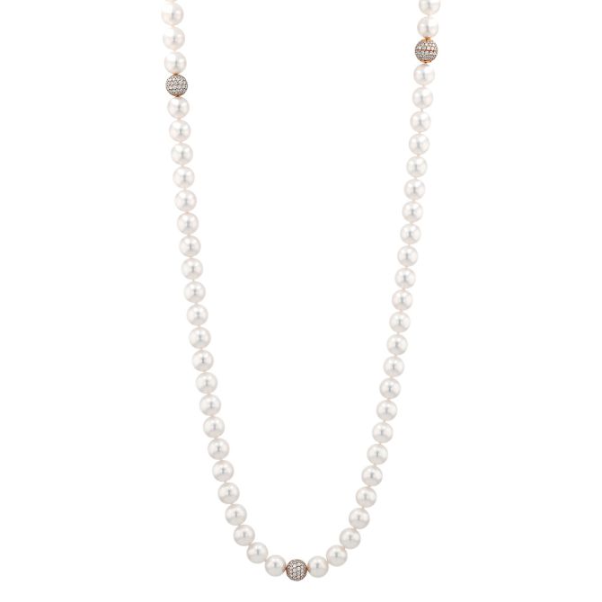 TARA Pearls White Cultured Pearl Strand Necklace with Diamond Pavé Bead Stations in Rose Gold, 34.5