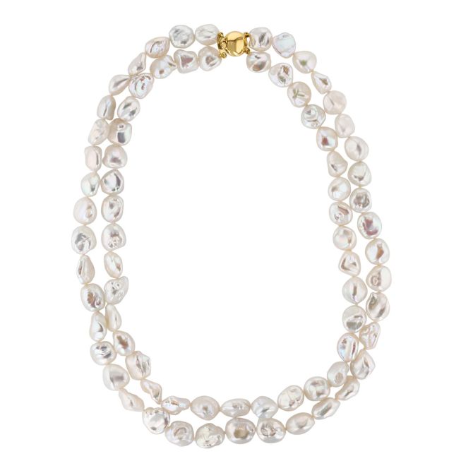 TARA Pearls White Baroque Freshwater Cultured Pearl Double Strand Necklace in Yellow Gold, 18.75"