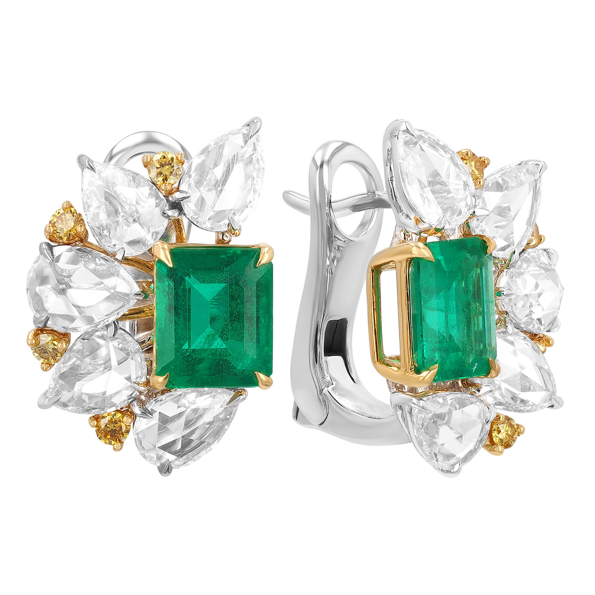 TARA Pearls Emerald Cut Emerald & Yellow and White Diamond Earrings in Two Tone