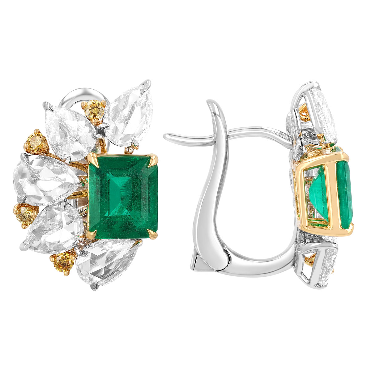 TARA Pearls Emerald Cut Emerald & Yellow and White Diamond Earrings in Two Tone
