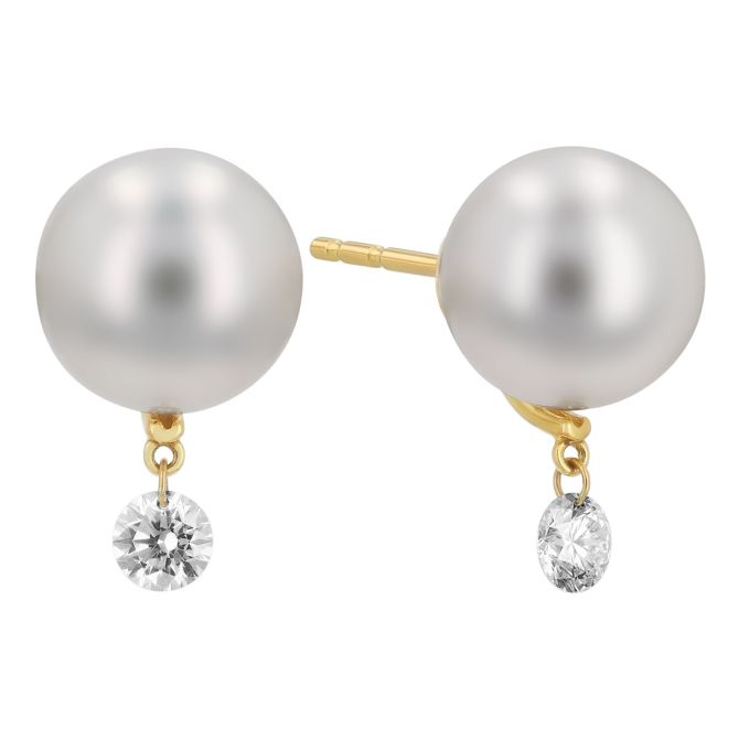TARA Pearls White South Sea Cultured Pearl & Diamond Drop Stud Earrings in Yellow Gold, 10-11 mm