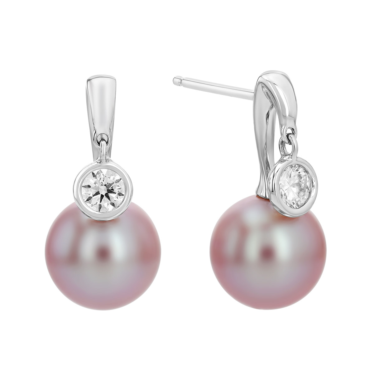 TARA Pearls Pink Freshwater Cultured Pearl & Diamond Bezel Drop Earrings in White Gold, 9-10 mm