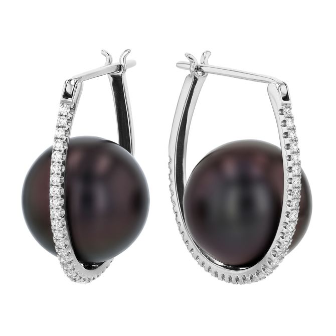 TARA Pearls Tahitian South Sea Cultured Pearl & Diamond Hoop Earrings in White Gold