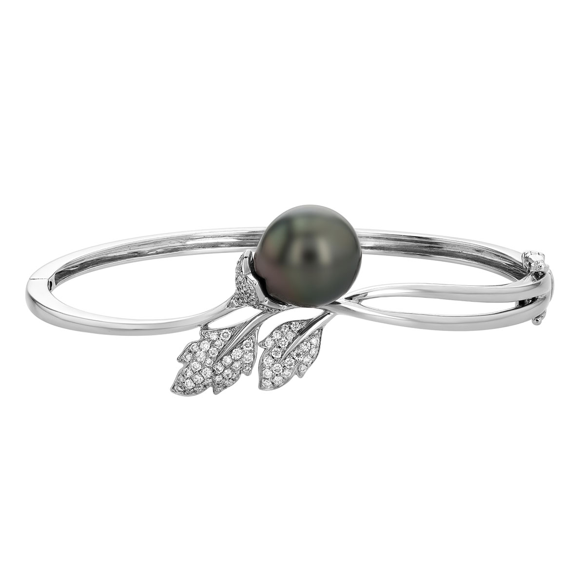 TARA Pearls Tahitian South Sea Cultured Pearl & Diamond Leaf Bangle Bracelet in White Gold