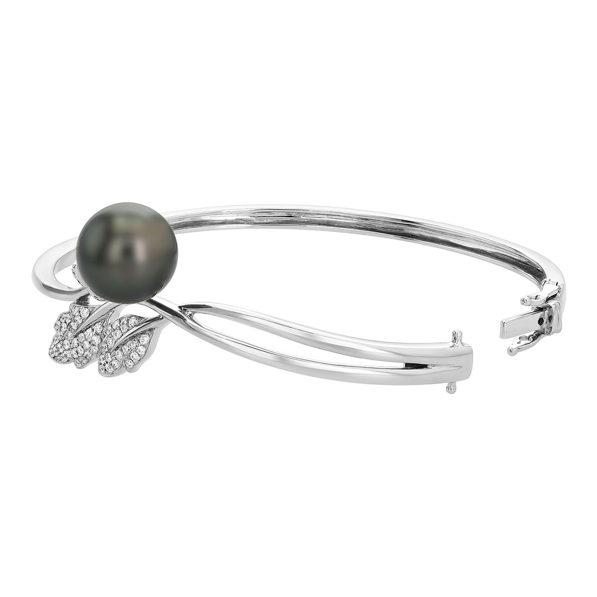 TARA Pearls Tahitian South Sea Cultured Pearl & Diamond Leaf Bangle Bracelet in White Gold