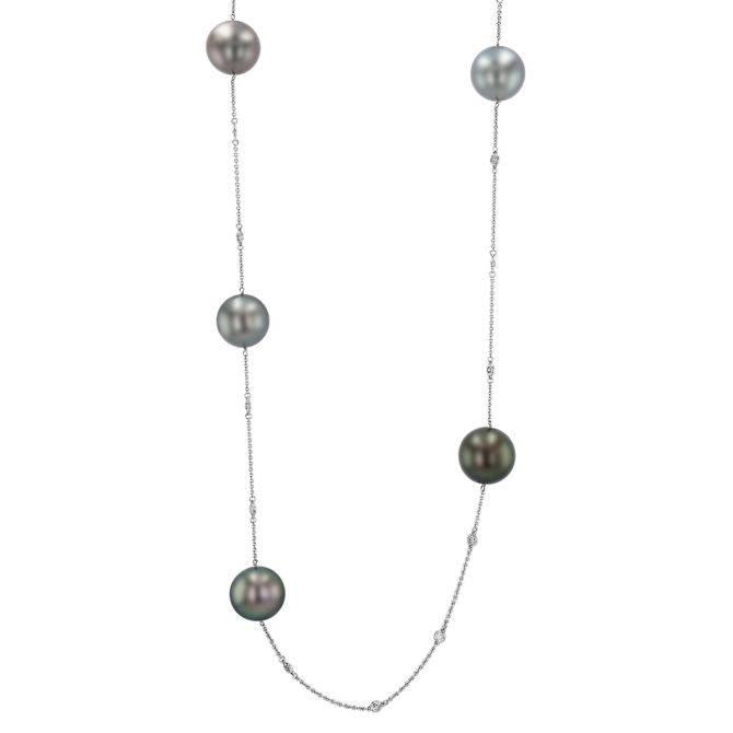TARA Pearls Tahitian South Seach Cultured Pearl & Diamond Station Necklace in White Gold, 27"