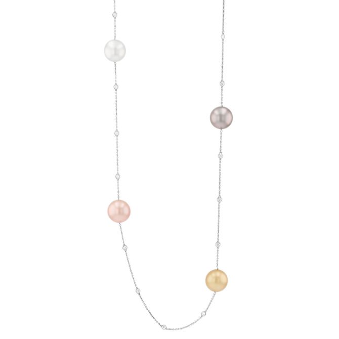 TARA Pearls Multicolor Cultured Pearl & Diamond Station Necklace in White Gold, 28"