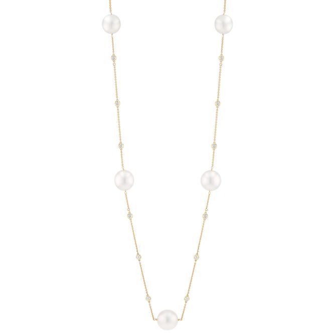 TARA Pearls White South Sea Cultured Pearl & Diamond Station Necklace in Yellow Gold, 25"