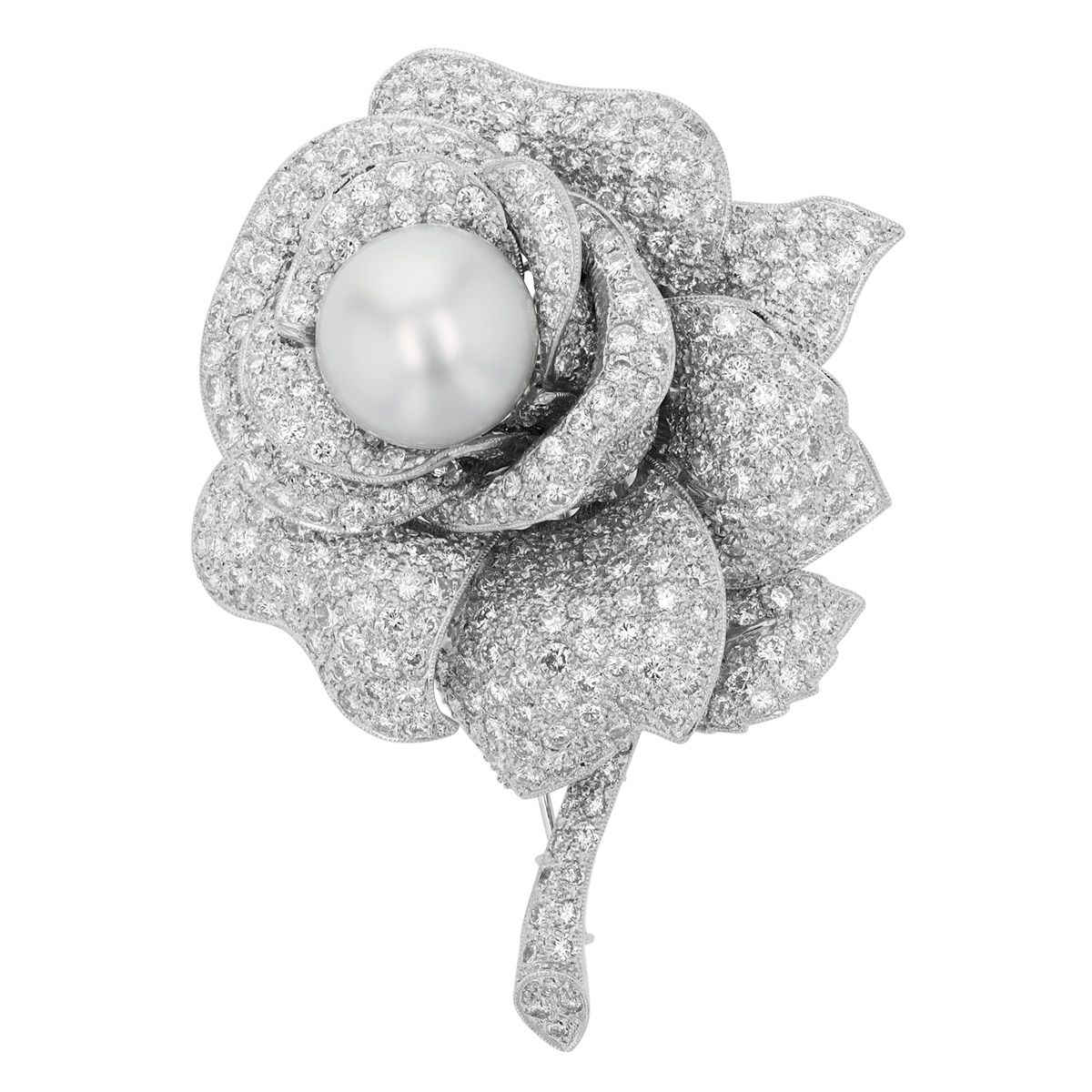 TARA Pearls Estate White South Sea Cultured Pearl & Diamond Pavé Flower Pin in White Gold