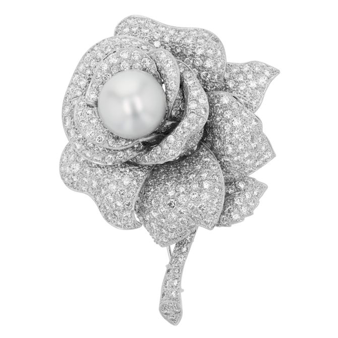 TARA Pearls Estate White South Sea Cultured Pearl & Diamond Pavé Flower Pin in White Gold