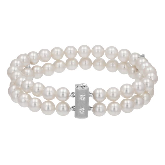 TARA Pearls White Cultured Pearl Double Strand Bracelet with Diamond Accents in White Gold, 8"