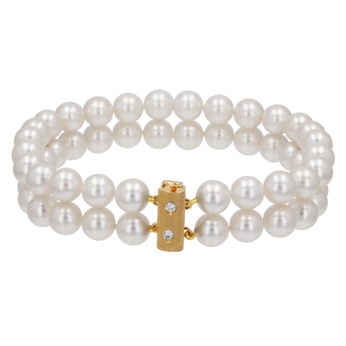 TARA Pearls White Cultured Pearl Double Strand Bracelet with Diamond Accents in Yellow Gold, 8
