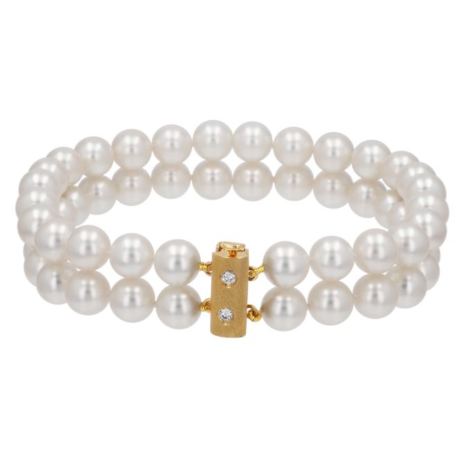 TARA Pearls White Cultured Pearl Double Strand Bracelet with Diamond Accents in Yellow Gold, 8"