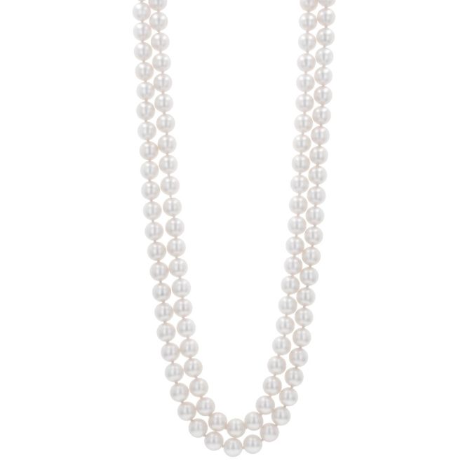 TARA Pearls White Cultured Pearl Double Strand Necklace with Diamond White Gold Clasp, 17.5"