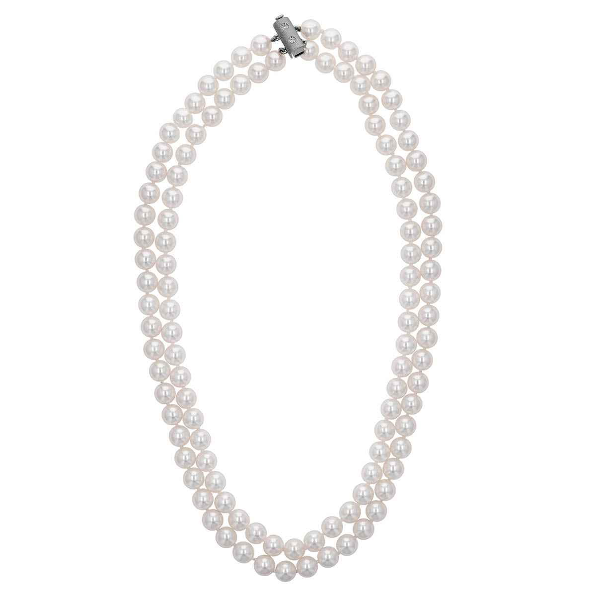 TARA Pearls White Cultured Pearl Double Strand Necklace with Diamond White Gold Clasp, 17.5