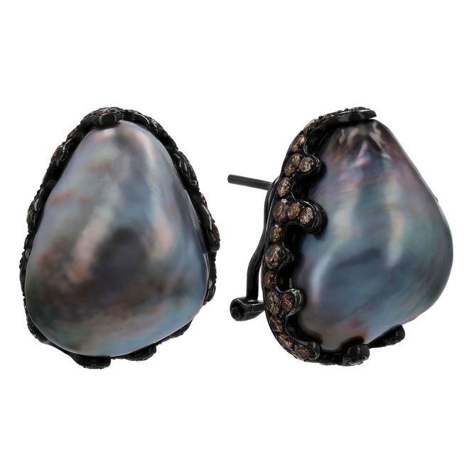 TARA Pearls Tahitian South Sea Cultured Pearl & Brown Diamond Stud Earrings in Black Rhodium