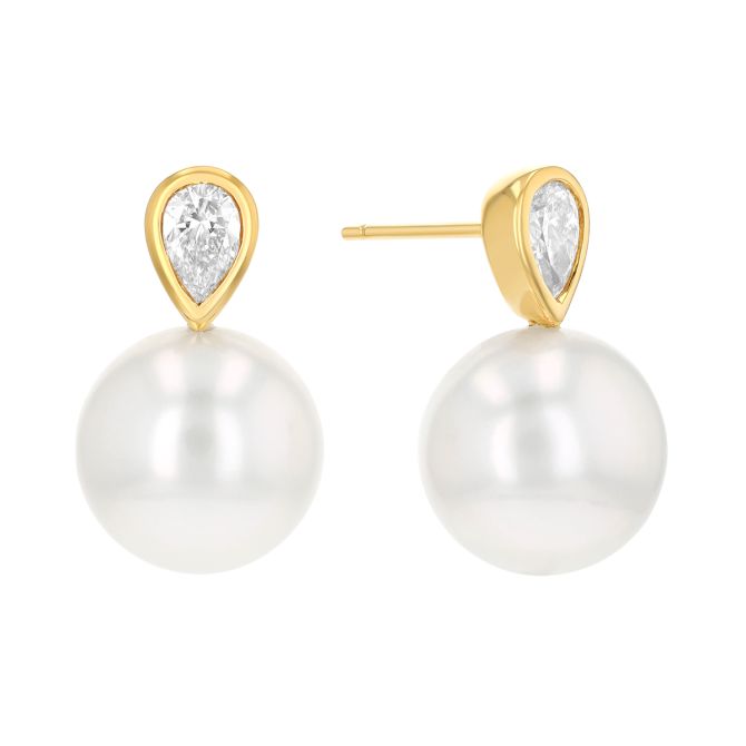 TARA Pearls White South Sea Cultured Pearl & Pear Shape Diamond Drop Earrings in Yellow Gold