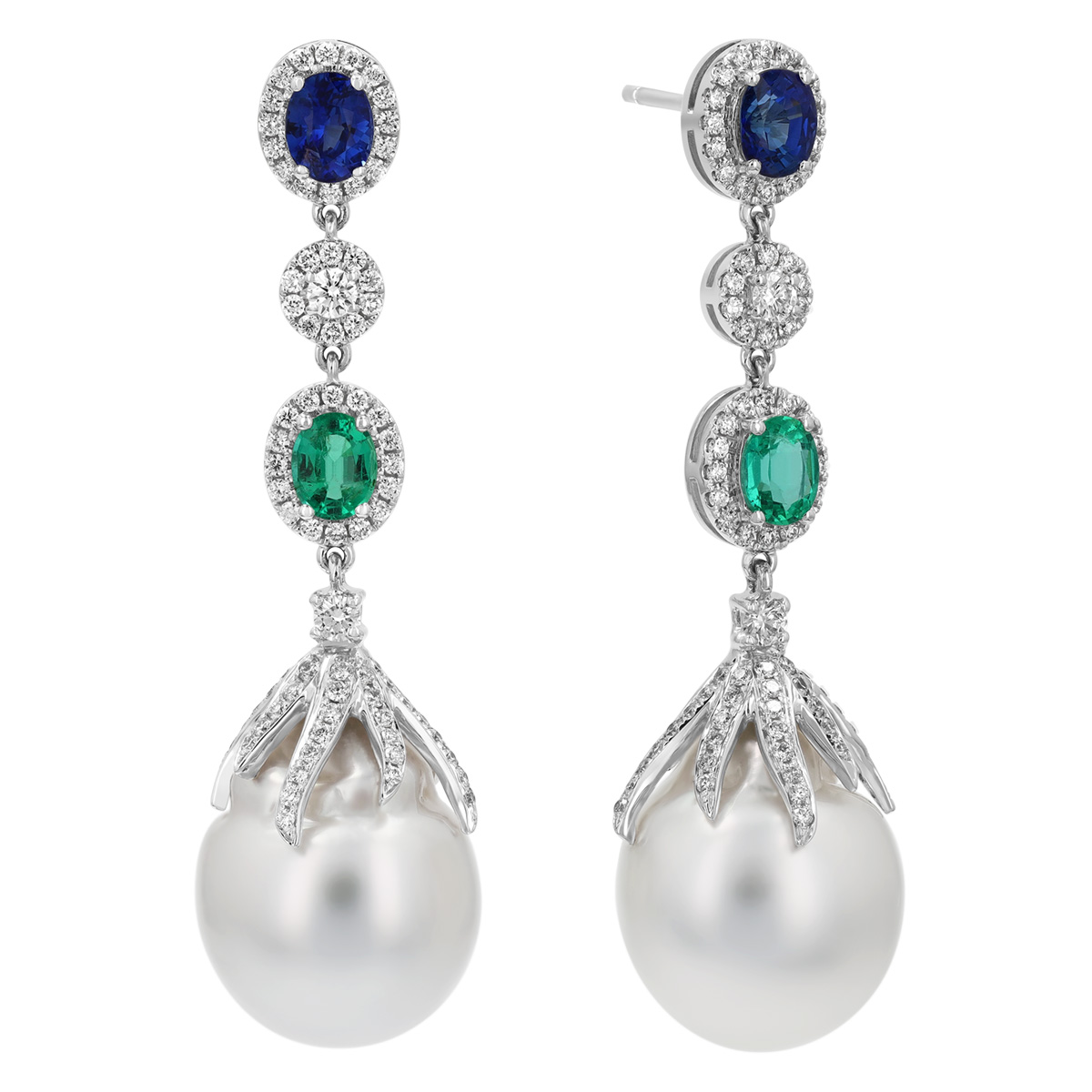 TARA Pearls South Sea Cultured Pearl, Emerald, Sapphire, & Diamond Dangle Earrings in White Gold