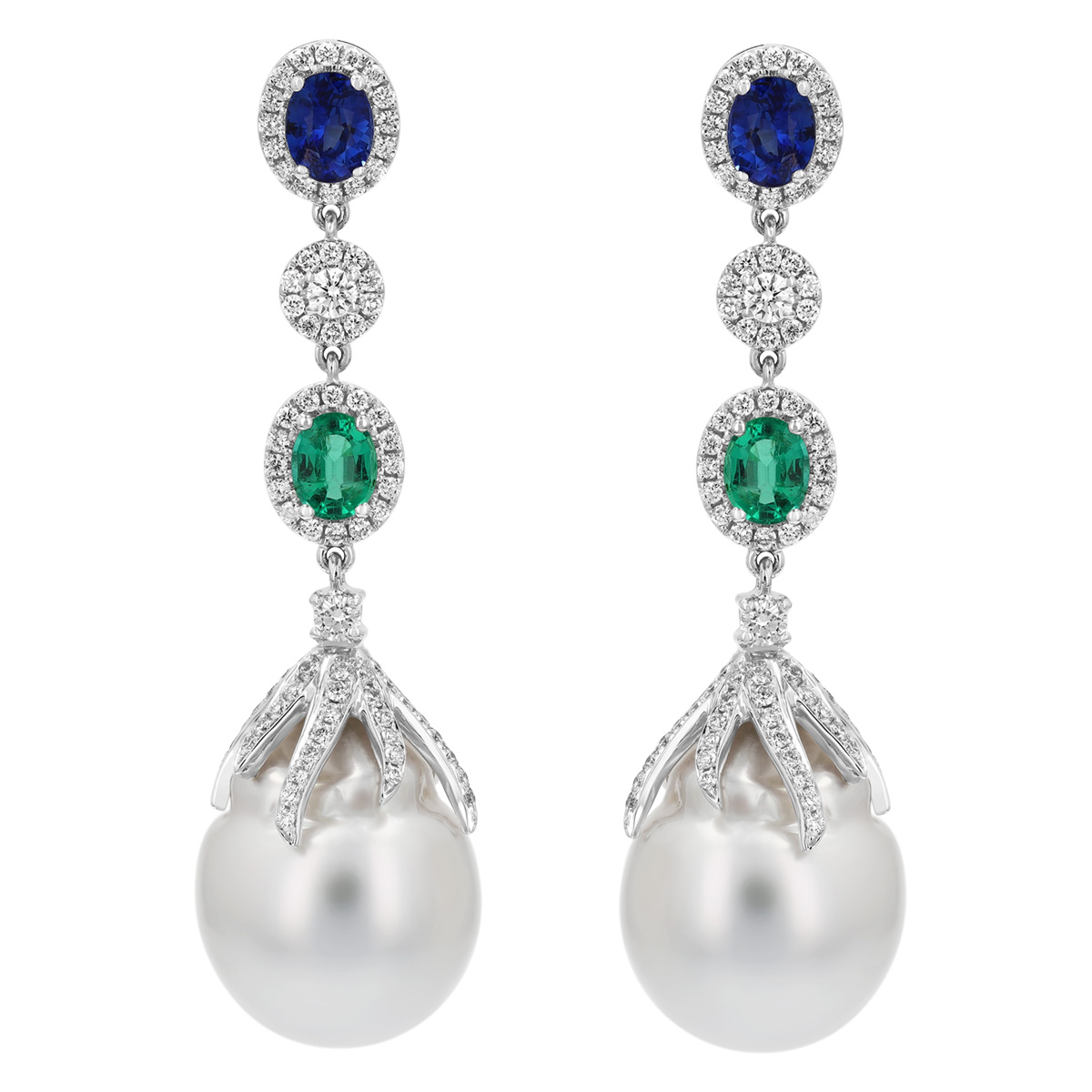 TARA Pearls South Sea Cultured Pearl, Emerald, Sapphire, & Diamond Dangle Earrings in White Gold