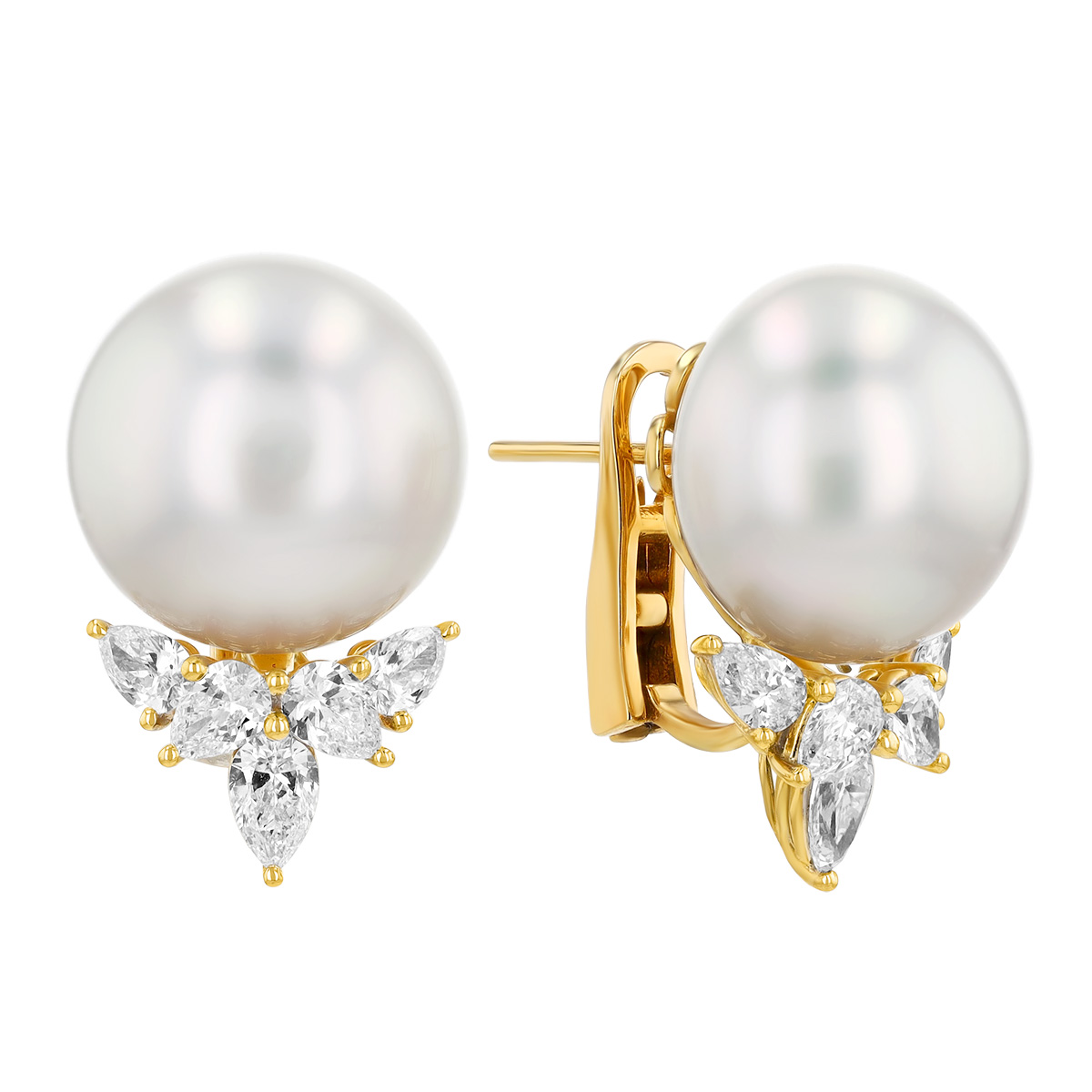 TARA Pearls South Sea Cultured Pearl & Pear Shape Diamond Cluster Stud Earrings in Yellow Gold