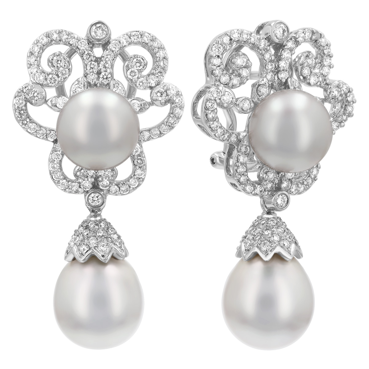 TARA Pearls South Sea Cultured Pearl & Diamond Ornate Swirl Dangle Earrings in White Gold