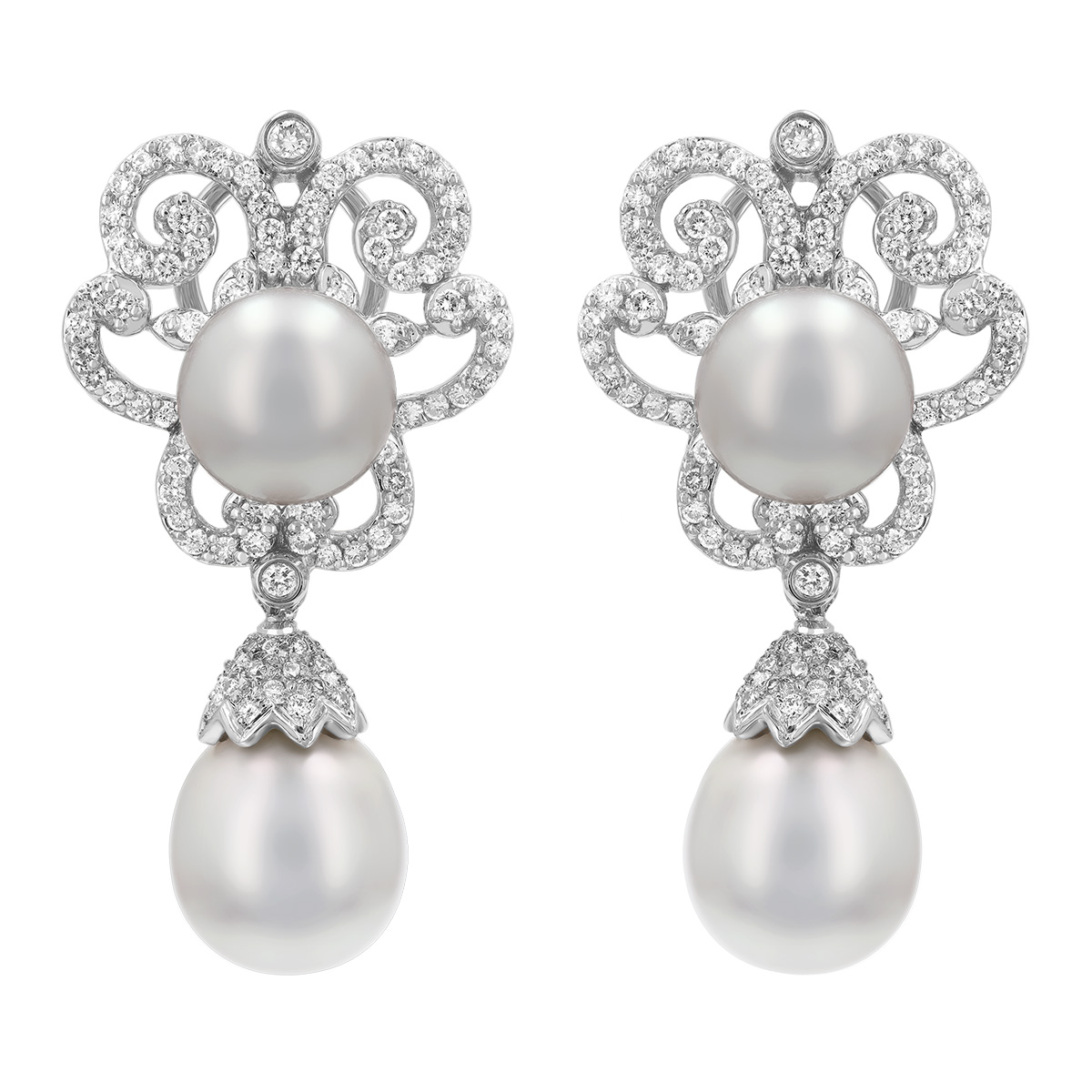 TARA Pearls South Sea Cultured Pearl & Diamond Ornate Swirl Dangle Earrings in White Gold