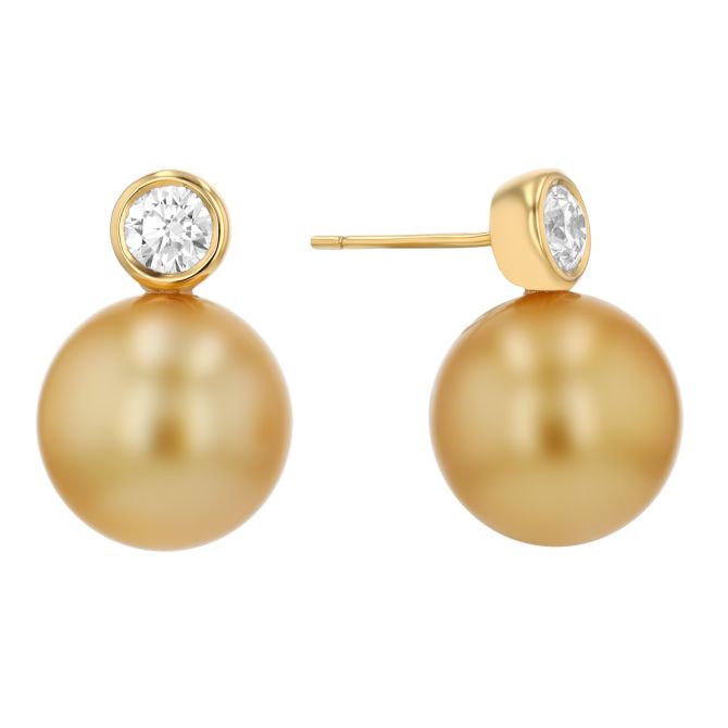 TARA Pearls Golden South Sea Cultured Pearl & Diamond Drop Stud Earrings in Yellow Gold, 13-14 mm