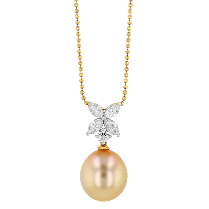 TARA Pearls Golden South Sea Cultured Pearl & Diamond Floral Bail Pendant in Two Tone, 18"