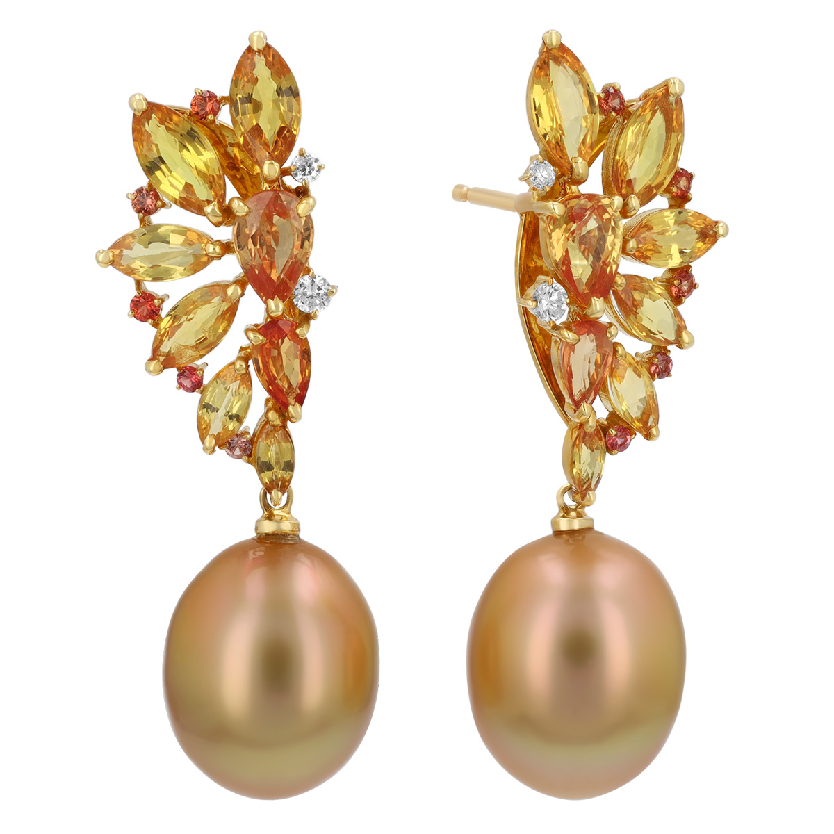 TARA Pearls Golden South Sea Cultured Pearl, Orange Sapphire, & Diamond Earrings in Yellow Gold