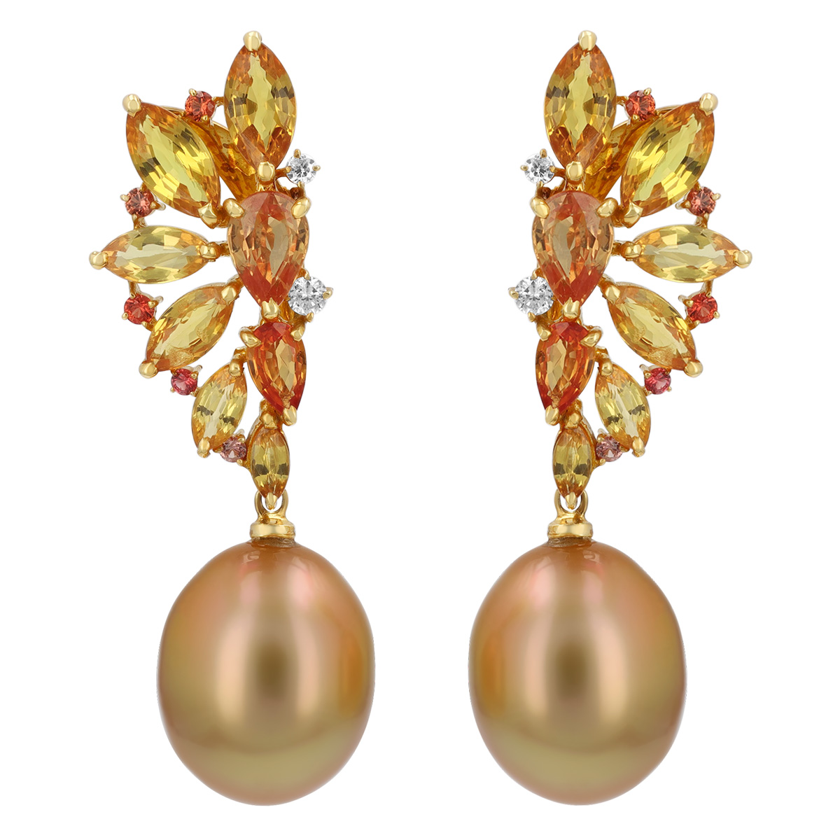 TARA Pearls Golden South Sea Cultured Pearl, Orange Sapphire, & Diamond Earrings in Yellow Gold