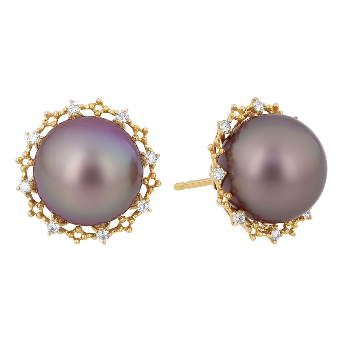 TARA Pearls Grey Freshwater Cultured Pearl & Diamond Beaded Halo Stud Earrings in Yellow Gold