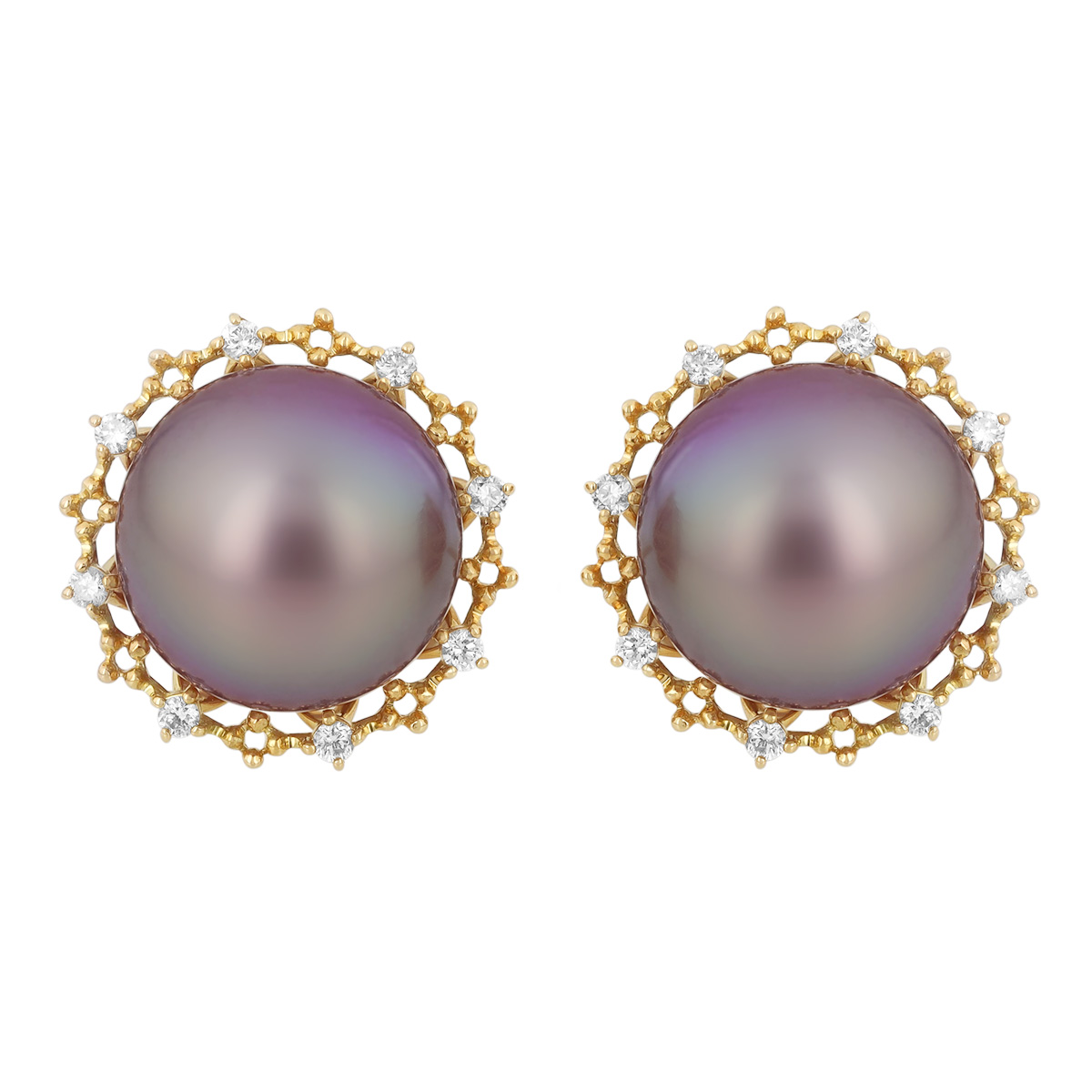 TARA Pearls Grey Freshwater Cultured Pearl & Diamond Beaded Halo Stud Earrings in Yellow Gold