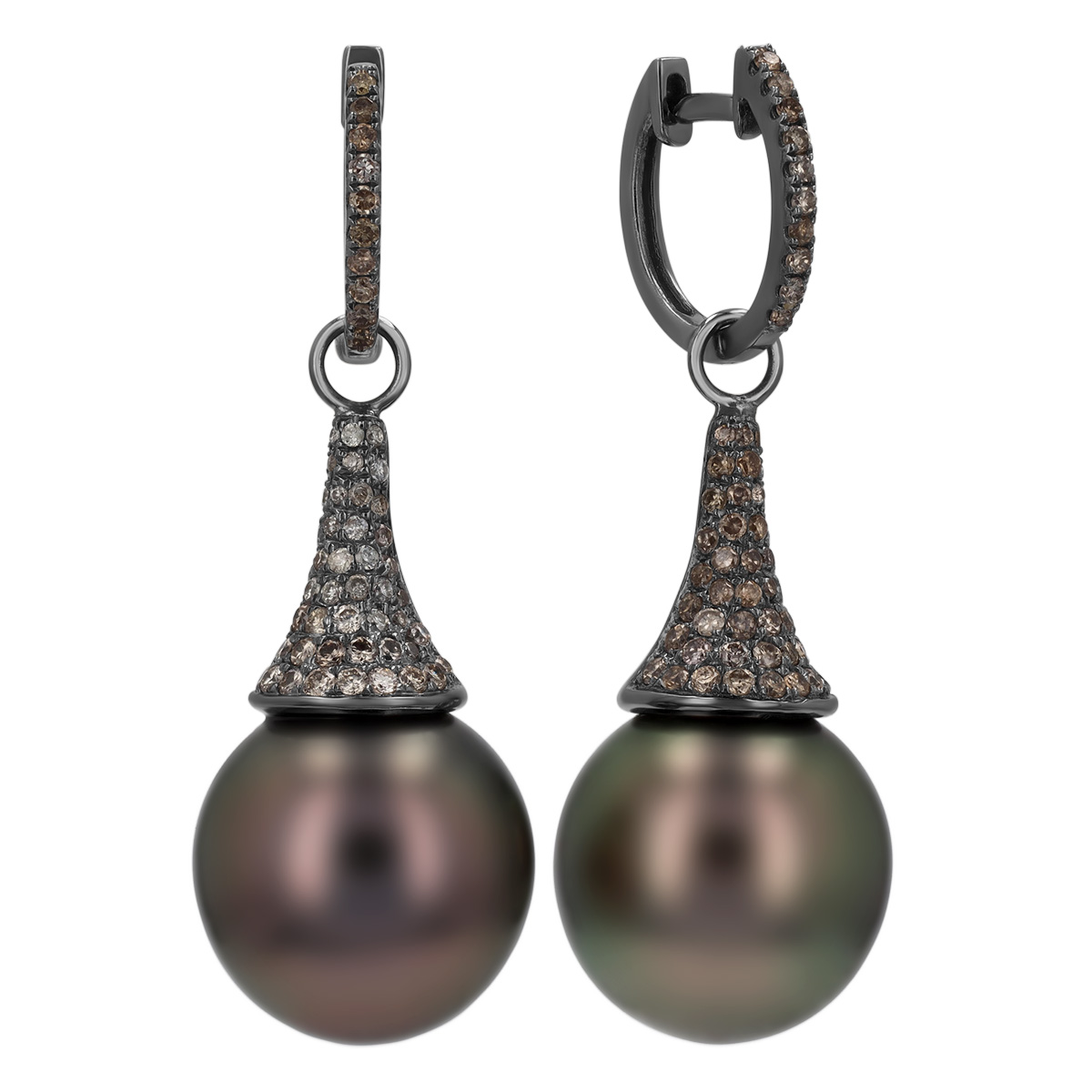 TARA Pearls Tahitian South Sea Cultured Pearl & Brown Diamond Dangle Hoop Earrings in Black Rhodium
