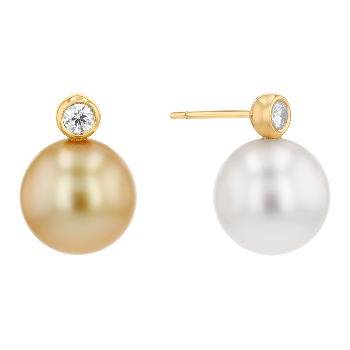 TARA Pearls Golden & White South Sea Cultured Pearl & Diamond Drop Stud Earrings in Yellow Gold