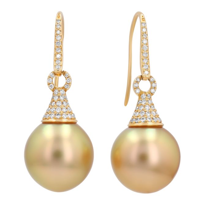 TARA Pearls Golden South Sea Cultured Pearl & Diamond Pavé Dangle Earrings in Yellow Gold 13 mm