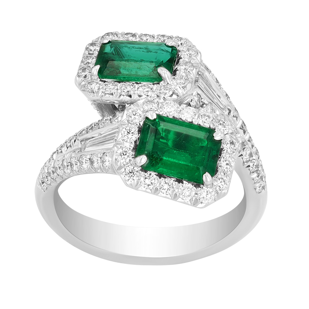 J.B. Star Emerald Cut Emerald & Multi-Shape Diamond Bypass Ring in Platinum