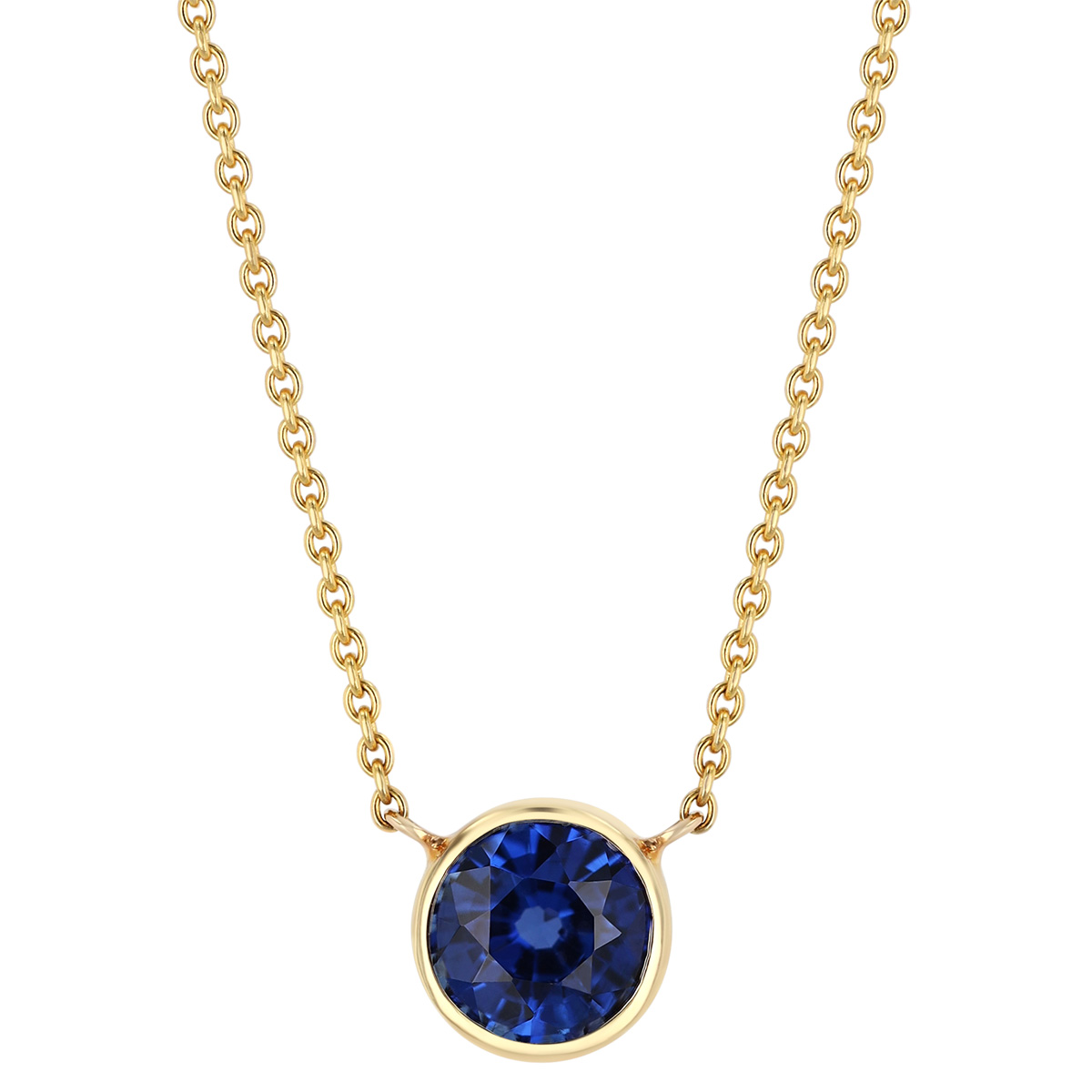 Bezel Set Round Sapphire Solitaire Pendant in Yellow Gold, 18